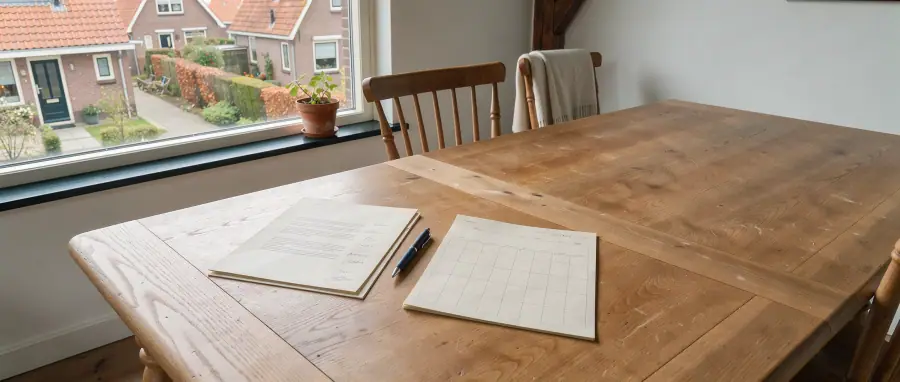 Inwoner aan een rustige tafel met de conceptregeling van Hengelo, notities en een gemarkeerde kalenderdatum 27 oktober