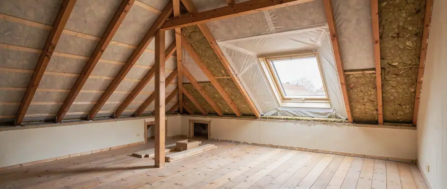 Open Hengelose zolder met houten spanten en zorgvuldig aansluitende dakisolatie rond een dakraam