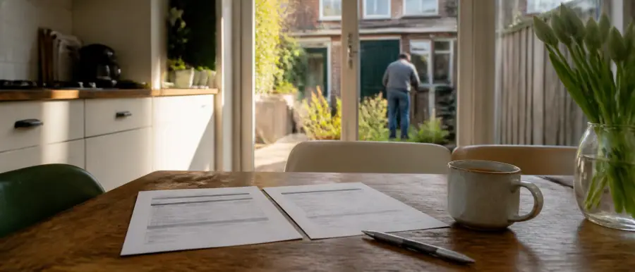 Twee uitgeprinte offertes naast elkaar op een keukentafel, met een pen en een kop koffie