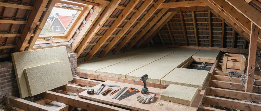 Netjes aangebrachte isolatieplaten tussen houten balken op een Nederlandse zolder tijdens een doe-het-zelfklus