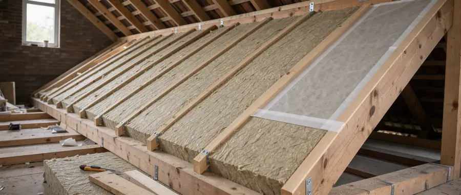 Hengelose zolder met houten dakspanten en zorgvuldig aangebrachte vezelachtige biobased isolatie